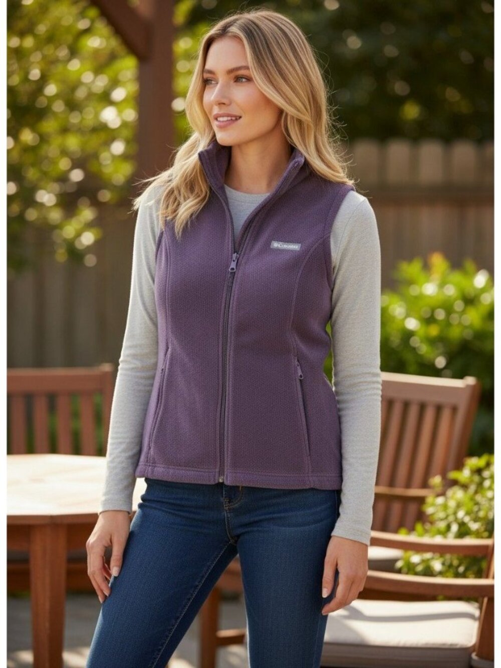 Columbia Womens Purple Fleece Vest M Full-Zip Lightweight Outdoor Polyester